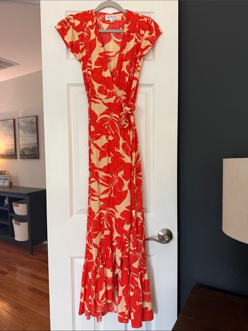 XIX Palms Orange and Cream Tropical Wrap Maxi Dress
